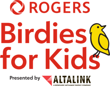 A graphic with large red font says "Rogers Birdies for Kids." with a little yellow cartoon bird sitting on letter "s" at the end of the word kids. Underneath that, there's smaller font that says "Presented by AltaLink."