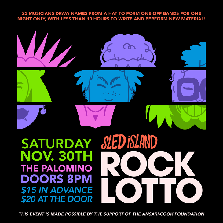 A graphic for the Sled Island Rock features various pink, blue, green and purple cartoon faces mixed and matched like lines on a slot machine. All other information is included in the caption.