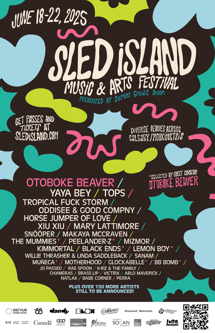 The official poster for Sled Island Music & Arts Festival 2025, presented by Servus Credit Union, features a bunch of blobs, bursts and squiggles, coloured pink, blue, yellow and teal. Other surrounding text reads June 18-22, 2025. Diverse venues across Calgary/Mohkinstsis. Get passes and tickets at SledIsland.com. The lineup and all other information can be found in the caption.